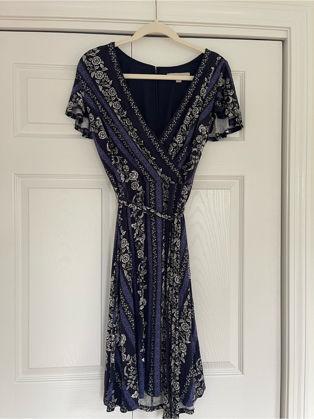 LOFT Navy and White Floral Wrap-Effect Midi Dress
